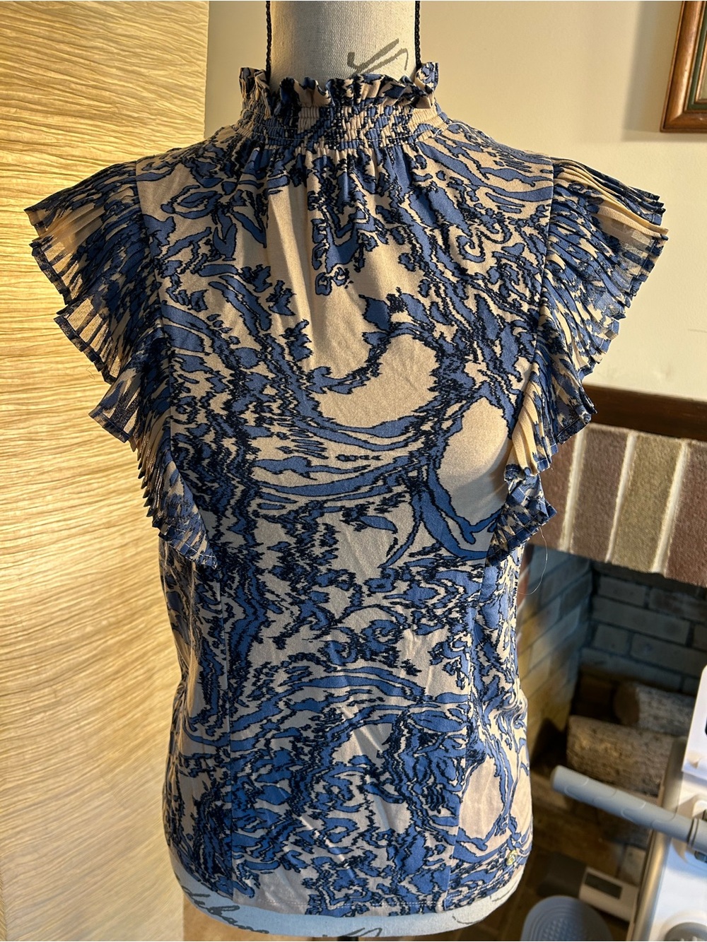 BCBG Blue and Cream Ruffled Cap-Sleeve Mock Neck Top